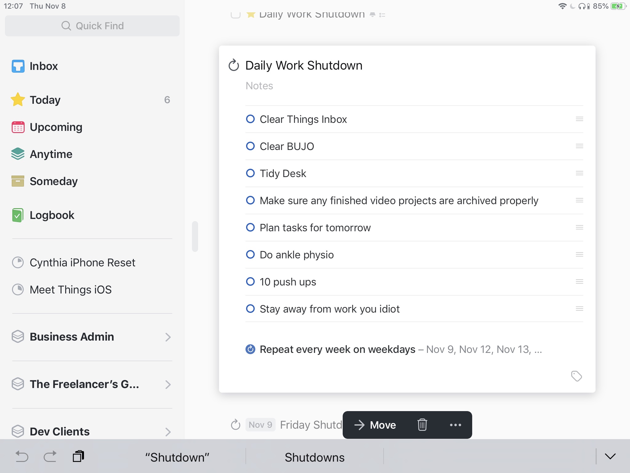 My Daily Shutdown Routines in Things 3