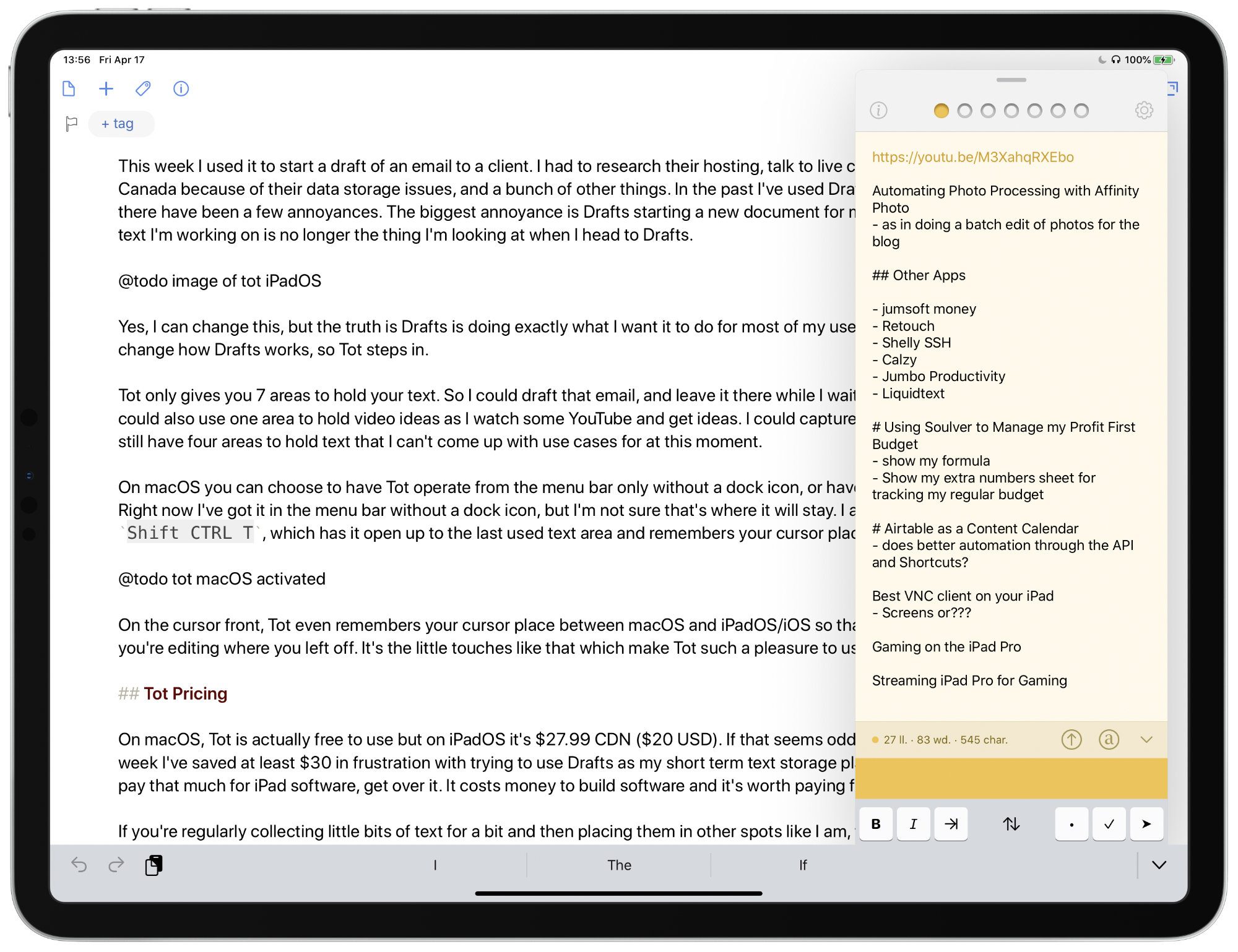Short Term Text Storage With Tot