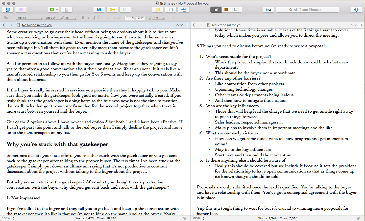 On the left is the finished content on the right is the research for the book. Love me some split pane in Scrivener.