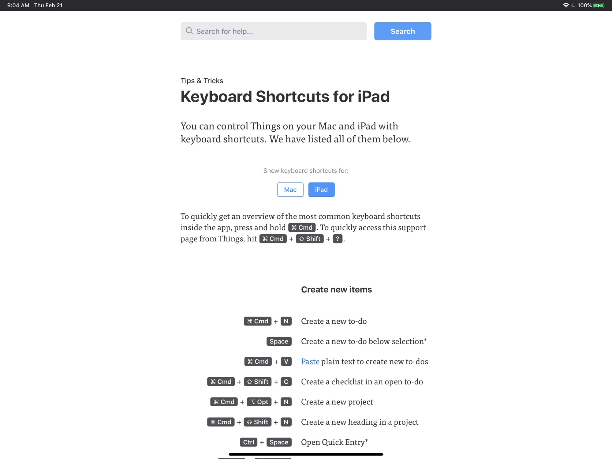 Things 3 iPad keyboard shortcuts page