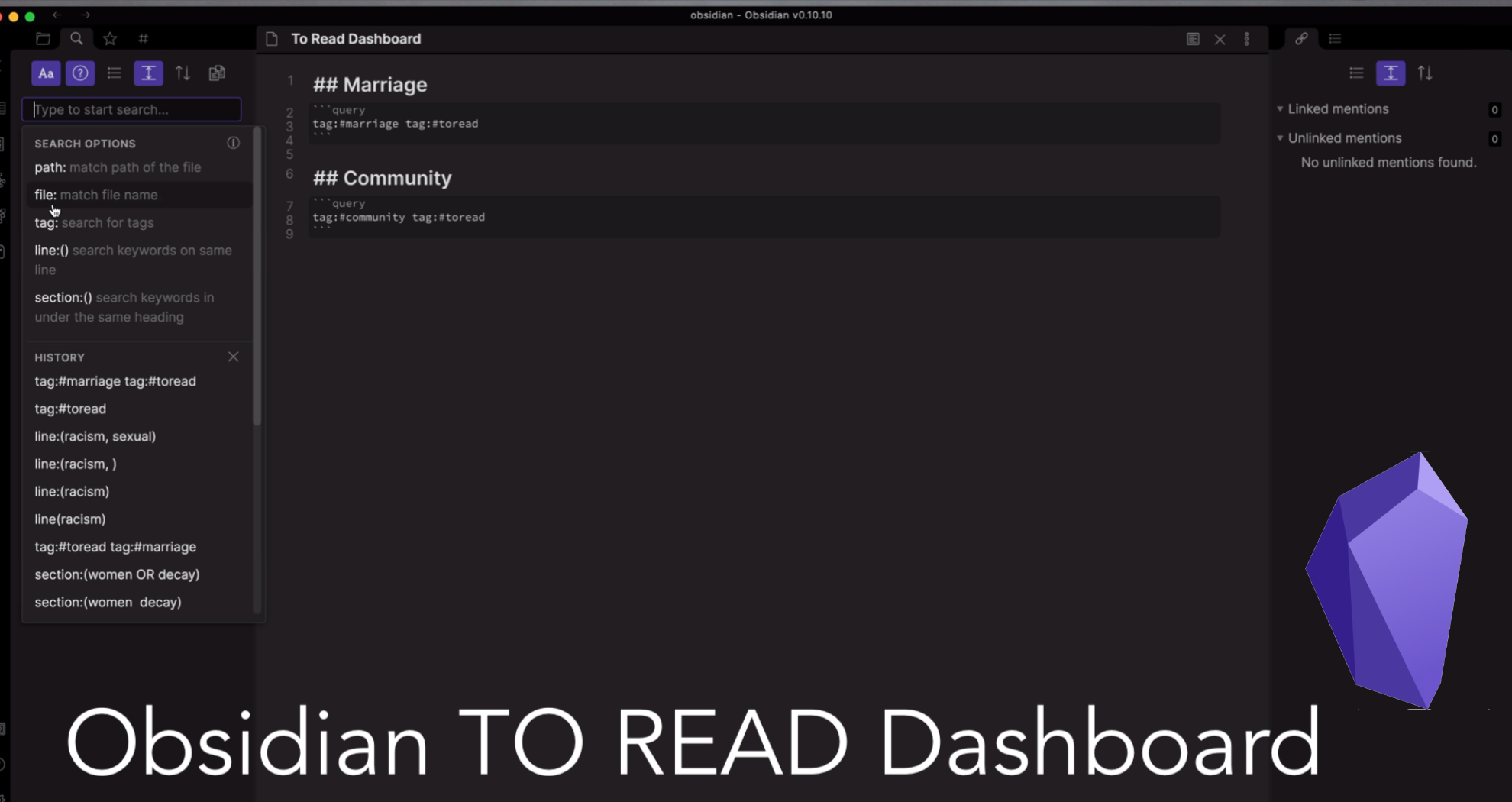 Obsidian “to read” Dashboard