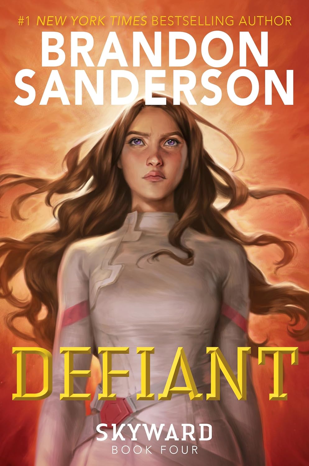 Book cover with girl standing in a halo of white and orange