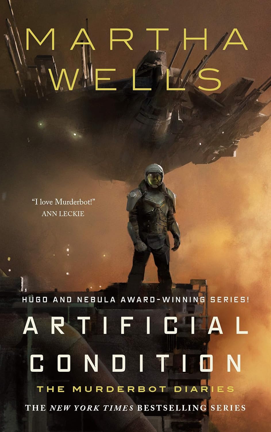 Artificial condition book cover - a humanoid shape in a space suit with a ship looming overhead